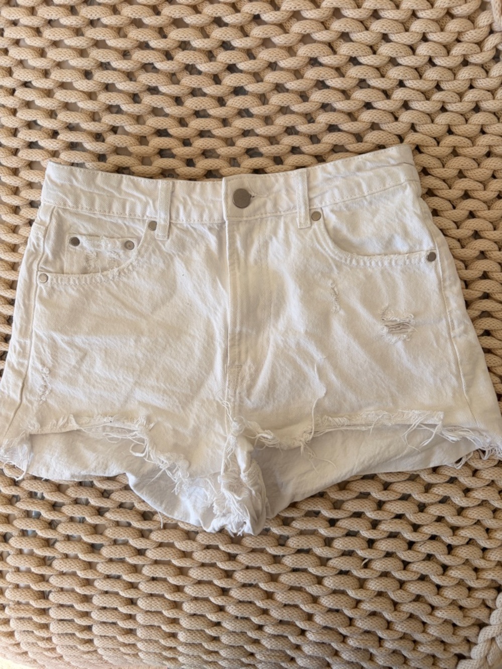 Zara White Distressed High-Rise Denim Cutoff Shorts